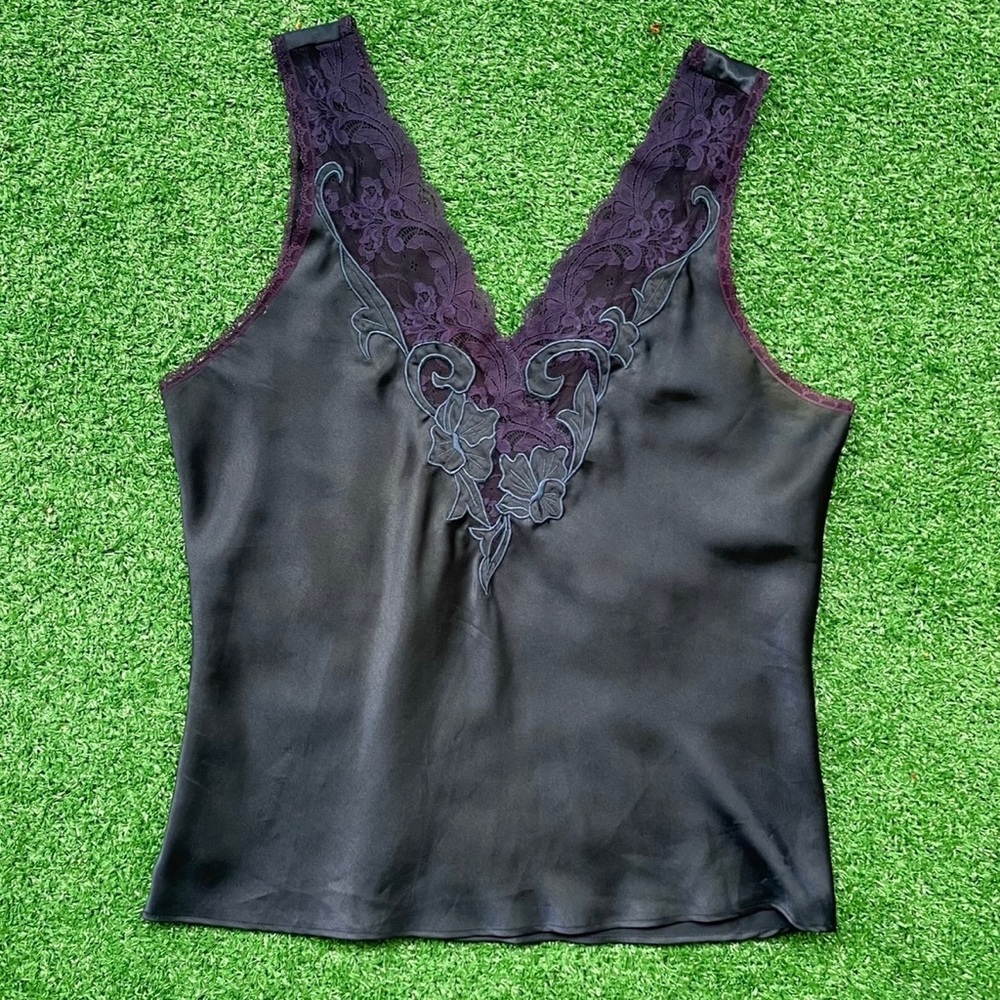 Natori Vintage Navy Silk Camisole with Dark Purple Lace Trim
